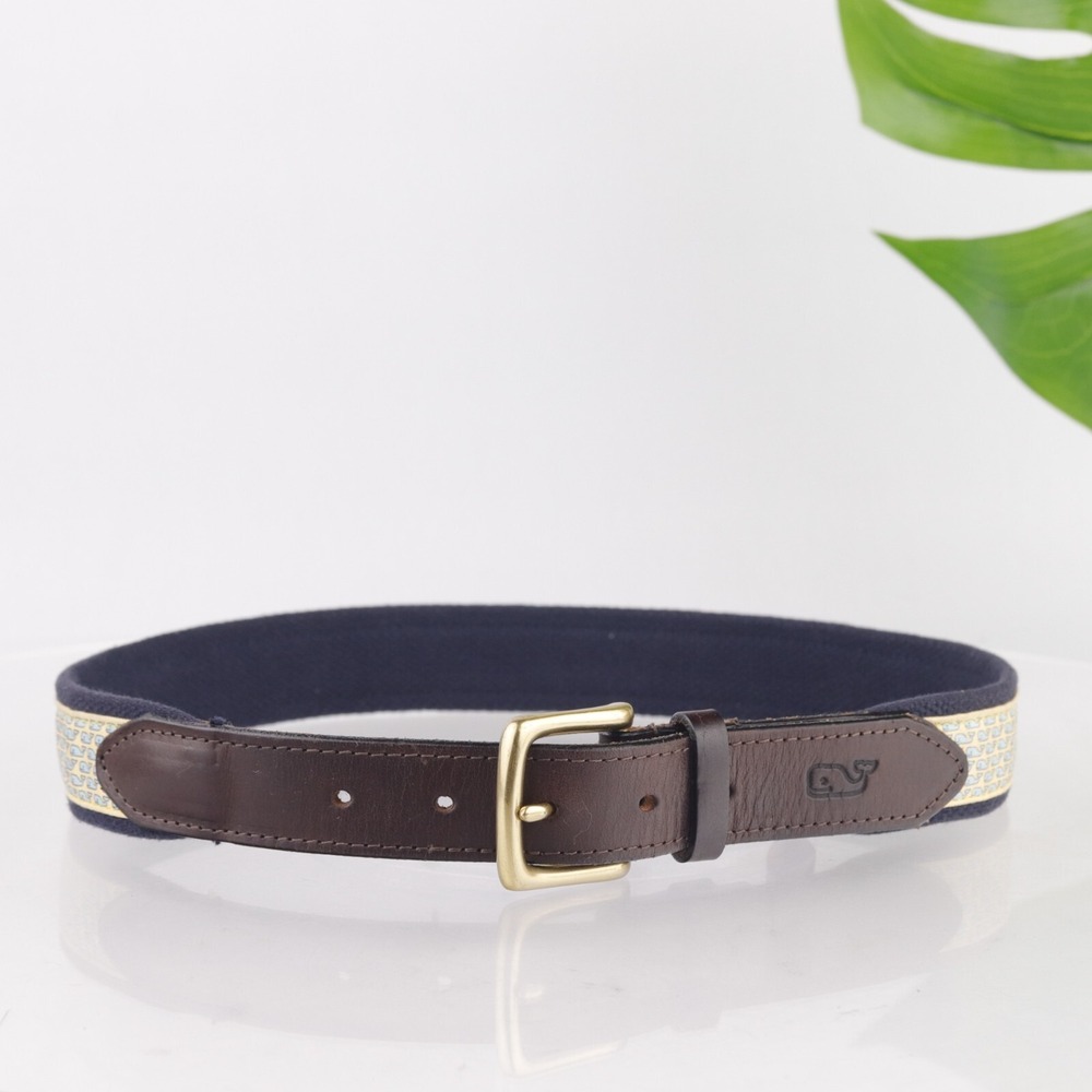Vineyard Vines Mens Belt Size 30 Yellow Navy Blue Whale Print Brown Leather Tip
